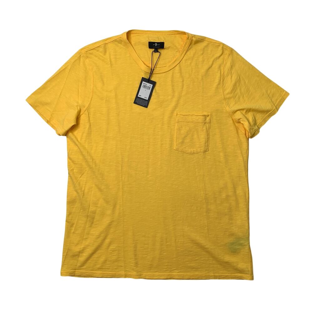 7 For All Mankind T Shirt Mens L Large Corn Yellow Cotton Slub Crew Neck Pocket